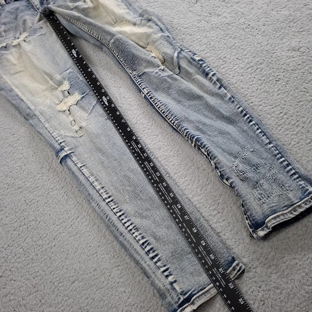 KDNK Distress Ripped Stacked Skinny Jeans Mens Size 34 Ankle Zip Grunge Y2K MOTO